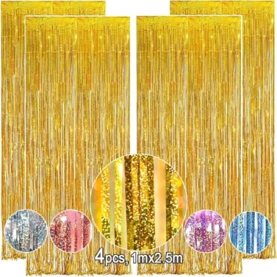 Abbildung von OEMG Lametta Vorhang Gold Glitzer 4 Stück Glitzervorhang Party Deko,1mx2.5m Metallische Vorhänge Gold, Folienvorhang für Weihnachten,Geburtstag