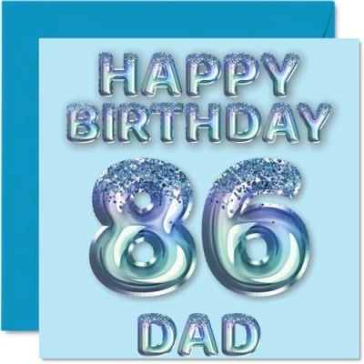 Abbildung von Geburtstagskarte zum 86. Geburtstag für Vater, blaue Glitzer Partyballons, Happy Birthday Karten 86 Jahre alten Vater vom Sohn, Tochter, 145 mm x mm, Geburtstagsgrußkarten, Geschenk