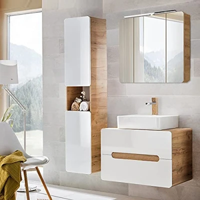Abbildung von Lomadox Badezimmermöbel Badmöbel Waschplatz Set, Hochglanz weiß mit Eiche, Keramik Aufsatz Waschbecken Waschtischunterschrank, LED Spiegelschrank, Hochschrank