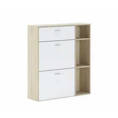 Abbildung von Skraut Home Schuhschrank 102 x 90 26 cm für 12 Paar Schuhe 2 Flügeltüren + 1 Schublade Windmodell Eiche/weißes Finish