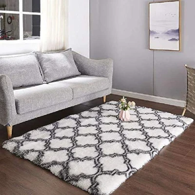 Abbildung von Calore Teppiche Schlafzimmer Flauschig Weicher Hochflor Teppich Anti Rutsch Wohnzimmer Moderne Waschbarer (160 x 230 cm, Weiß Schwarz)