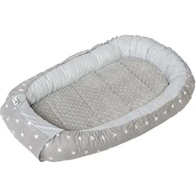 Abbildung von Medi Partners Babynest Kuschelnest Babynestchen 100% Baumwolle Nestchen Reisebett für Babys Säuglinge 100x60x15cm herausnehmbarer Einsatz (graue Sternen mit graue Minky)
