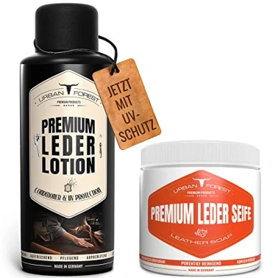 Abbildung von Lederseife Lederpflege zur Leder Reinigung von Lederprodukten als Sattelseife &amp; Polsterreiniger Auto Reiniger URBAN FOREST (SPARSET + Lederlotion)