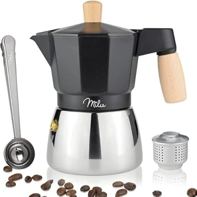 Abbildung von Milu Espressokocher Induktion geeignet 3, 6, 9 Tassen Aluminium/Edelstahl Mokkakanne, Espressokanne, Espresso Maker inkl. Löffel, Bürste (Schwarz, 3 (150ml)
