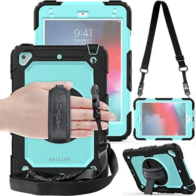 Abbildung von TECHGEAR Utility Hülle für iPad Mini 2019 [5. Gen] &amp; 4 Robust Heavy Duty Stoßfeste Schutzhülle mit 360 Grad Schwenkständer Hand und Schultergurt eingebaut Bildschirm Hellblau