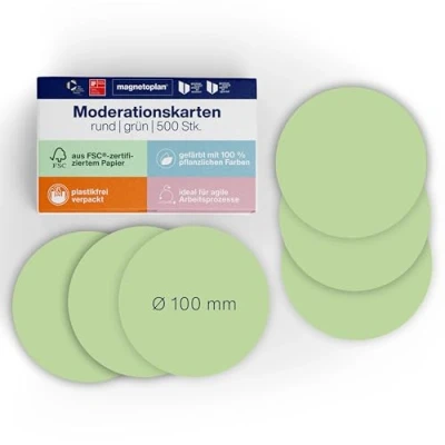 Abbildung von magnetoplan Moderationskarten, rund ø100 mm 500 Stück Kommunikationskarten in grün Für Meetings und Präsentationen FSC zertifiziert kunststofffrei verpackt