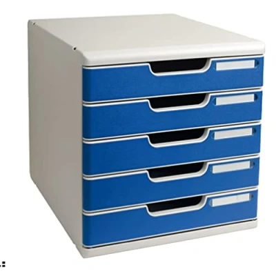Abbildung von Exacompta 301003D Ablagebox Modulo mit 5 Schubladen für DIN A4+ Dokumente. Belastbare Schubladenbox hoher Kapazität mehr Platz auf dem Schreibtisch lichtgrau/blau
