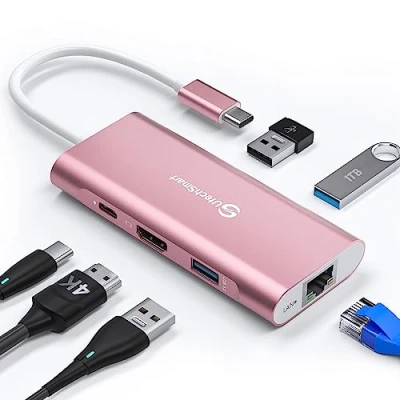 Abbildung von USB C Hub, UtechSmart 6 in 1 zu HDMI Adapter mit 1000M RJ45 Ethernet, PD 100W Ladeanschluss, 3 3.0 Ports Kompatibel für MacBook Pro, Chromebook, und Geräte (Rosa)