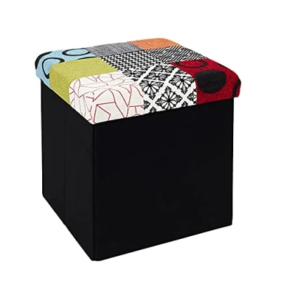 Abbildung von Home Deco Factory HD6506 Hocker mit Aufbewahrungsbox, zusammenlegbar, Patchwork Design, zum Sitzen, 2 in 1