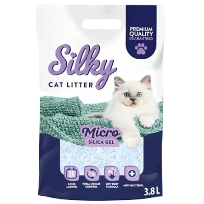 Abbildung von Silky Mikro Silikat Katzenstreu 3,8L 30,4L Satz Staubfrei, Geruchskontrolle, Saugfähig, Bakterienhemmend, Sanft zu Pfoten, Lang anhaltende Frische, Silica 8er Pack