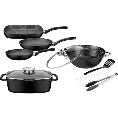 Abbildung von GSW Topf Set &quot;Gourmet Granit&quot;, Aluminiumguss, (Set, 7 tlg., 3 Pfannen, 1 Bräter, Multi Wok, Kochzange, Pfannenwender), Induktion
