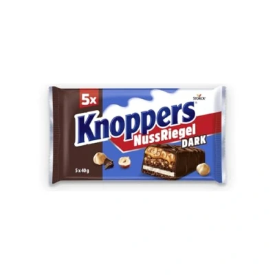 Abbildung von Knoppers NussRiegel Dark 1 x 200g (5 Riegel) Waffelriegel mit Milch und Nugatcreme Gebäckstückchen, gehackten Haselnüssen zartem Karamell, umhüllt von dunkler Milchschokolade