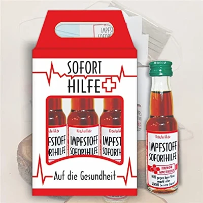Abbildung von Impfstoff Sofort Hilfe 3er Box 3 x 2cl Kräuterlikör Likör 32% vol. alk. Humormedizin Der erste gegen das Virus kommt aus unserer Humorapotheke