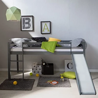 Abbildung von Homestyle4u 1862, Kinderbett 90x200 Grau Hochbett mit Treppe und Rutsche für Kinder Bettgestell Holz Massiv Kiefer Kinderzimmer