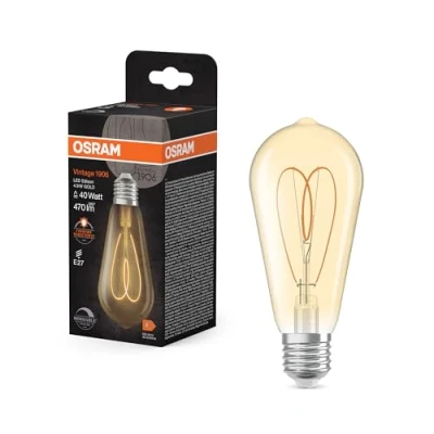 Abbildung von OSRAM Vintage 1906 Edison ist eine warmweiße, dimmbare LED Lampe in Kolbenform mit Filament. Sie bietet 4.9 W für 470 lm, E27 Fassung, goldfarbenes Glas, 64 mm Durchmesser, 2200 K, EEK F.