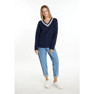 Abbildung von DREIMASTER maritim Damen Strickpullover XS/S / Marineblau Off White 35% Polyacryl 25% Polyester 22% recyceltes 15% Nylon 3%