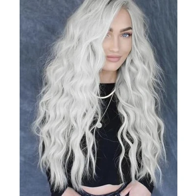 Abbildung von PORSMEER Damen Perücke Weiß Lang Lockige Perücken für Frauen, Natürlich Mittelscheitel Lange Locken Haar, Anime Cosplay Halloween Wigs 28 Zoll