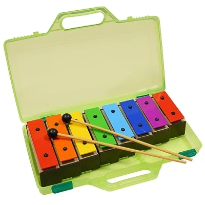 Abbildung von A Star Buntes Glockenspiel Set mit 8 Sopran Regenbogen Diatonischen Xylophonen in grünem Hartschalenkoffer zwei Schlägeln C6 bis C7