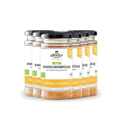 Abbildung von Grizzly Foods BIO Hühnerknochenbrühe (6 x 240ml) 20g Kollagen pro Glas 72 Stunden lang gekocht 100% natürlich ohne Zucker, Zusätze Wertvolle Nährstoffe Bone Broth Knochenbrühe