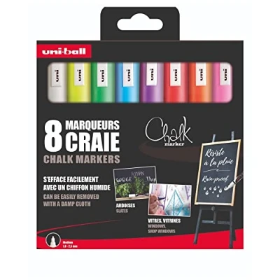Abbildung von Uni Ball Chalk Marker Mitsubishi Pencil Kreidemarker PWE 5M temporäre Markierung, regenfest mittlere konische Spitze, Verpackung Zero Kunststoff Set mit 8 verschiedenen Farben