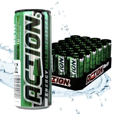 Abbildung von ACTION Energy Drink Waldmeister (48 x 250ml) inkl. Pfand Erfrischungsgetränk mit Woodruff Geschmack Energiekick erhöhtem Koffeingehalt 32mg/100ml Koffein Energydrink für verbesserter Fokus