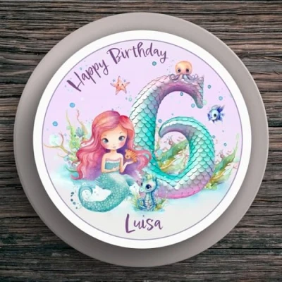 Abbildung von Tortenaufleger Geburtstag Meerjungfrau #1 Name &amp; Zahl (20cm) Fondant Papier