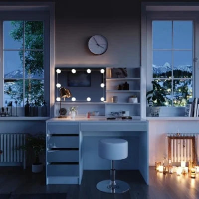 Abbildung von Vicco Schminktisch Sherry, Weiß Hochglanz, 120cm mit LED, Hocker und Spiegelregal