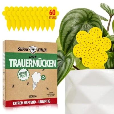 Abbildung von Super Ninja Trauermücken Bekämpfen mit Gelbsticker 60 Stück Hochwirksame und Ökologische Gelbtafeln für EIN Trauermückenfrei Haus Einfache Anwendung Bis zu 3 Monate