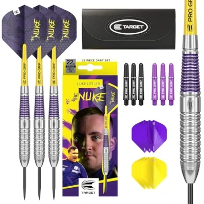 Abbildung von Target Darts Luke Littler Messing Stahlspitzen Dart Set 22G Dart, The Nuke Player Edition Set, Flüge, Schäfte und Etui enthalten Professionelles Zubehör