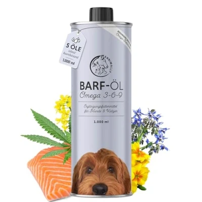 Abbildung von Barf Öl für Hunde 1000ml Barföl mit Omega 3 6 9 aus: Lachsöl, Rapsöl, Hanföl &amp; Borretschöl Futteröl Hund als Futter Topping (Barf Zusatz)
