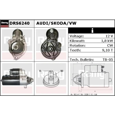 Abbildung von DELCO Remy DRS6240 Anlasser 12 1,8 9, 10 SOL60 82,4 Remanufactured SKODA: Superb I Limousine, AUDI: A4 B7 Avant, B6 B5 Limousine