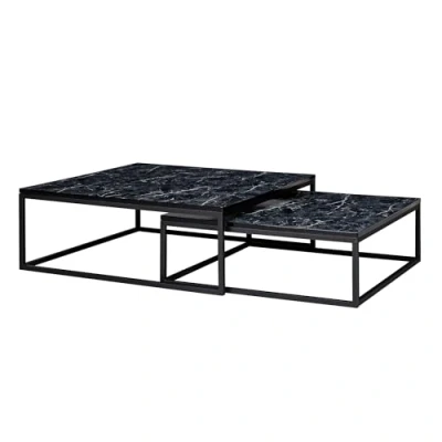 Abbildung von FINEBUY Satztisch FB24014 (2er Set Schwarz Marmor Optik Eckig, Beistelltisch), Couchtisch 2 teilig, Anstelltisch Modern