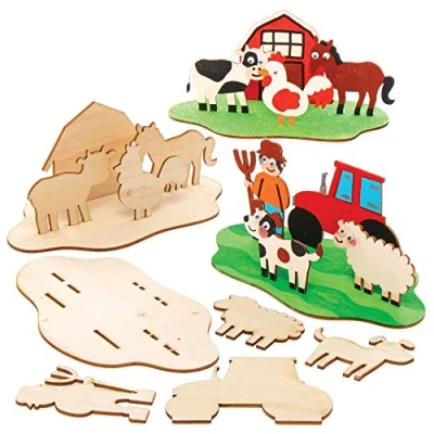 Abbildung von Baker Ross AX101 Erstellen Sie Ihren eigenen Bauernhof aus Holz, 3D Szene, Holzbastelbausätze für Kinder, Kunst und Bastelprojekte (4 Stück), verschieden, Mittel