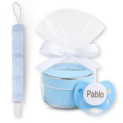 Abbildung von BebeDeParis Personalisierte Schnuller mit Babynamen, BPA freier, 0 6 Monate, Schutzkappe und Schnullerkette, Blu. Wertvolles personalisiertes Geschenk zur Geburt.