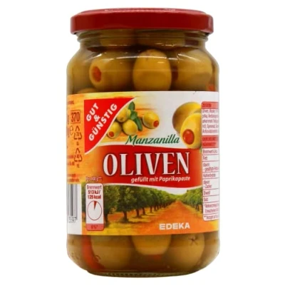 Abbildung von Gut &amp; Günstig Manzanilla Oliven gefüllt mit Paprikapaste, 12er Pack (12 x 200g)