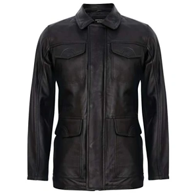 Abbildung von Infinity Leather Herren Klassisch Schwarz Echtes Leder Safari Parker Graben Jacke 5XL