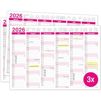 Abbildung von TOBJA Wandkalender Kalender 2025 A4 Pink 3er Set Tafelkalender, Wandkalender, Jahresplaner, Schulferien, Feiertage,