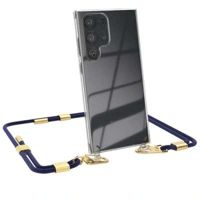 Abbildung von EAZY CASE kombinierbare Handyketten kompatibel mit Samsung Galaxy S23 Ultra, Transparente Silikon Hülle stylischen rundem Umhängeband, Abnehmbarer Karabiner, Riemen, Nacht Blau Clips Gold