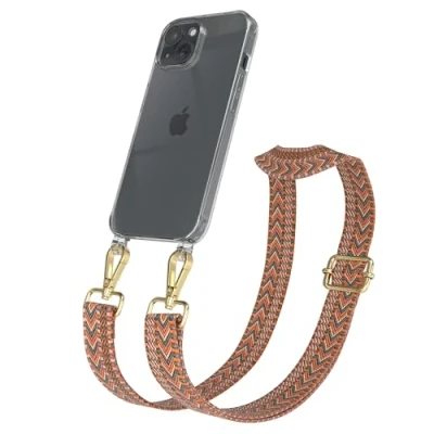 Abbildung von EAZY CASE Handykette mit verstellbarem Trageriemen für iPhone 15 Taschengurt zum Wechseln transparenter Handyhülle Hülle dünner Schulterriemen in Orange Grün Gold
