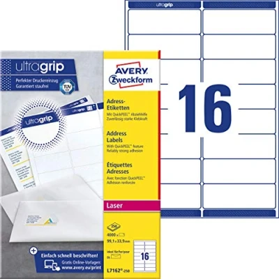 Abbildung von AVERY Zweckform L7162 250 Adressetiketten/Adressaufkleber (4.000 Etiketten mit ultragrip, 99,1x33,9mm auf A4, bedruckbar, selbstklebend, für DIN lang Briefkuverts, Papier matt) Blatt, weiß
