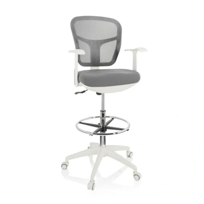 Abbildung von hjh OFFICE 760009 Arbeitsstuhl TOP Work 108 W Netzstoff, ergonomischer Counterstuhl mit Ring Fußstütze, Grau/Weiß