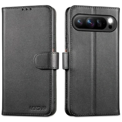Abbildung von LENSUN Echtleder Hülle für Google Pixel 9 Pro XL, Handyhülle [Echtes Leder] [Magnetverschluss] [RFID] Handytasche Lederhülle XL 5G Schwarz
