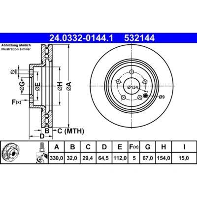 Abbildung von ATE PowerDisc 24.0332 0144.1 Bremsscheibe 330,0 32,0 5 112,0 Belüftet beschichtet legiert/hochgekohlt mit Schrauben MERCEDES BENZ: E Klasse Limousine