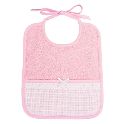 Abbildung von Filet Rechteckiges Lätzchen aus weichem Baumwoll Frottee, mit Tasche Aida Stoff zum Sticken und Details Spitze, Farbe Rosa