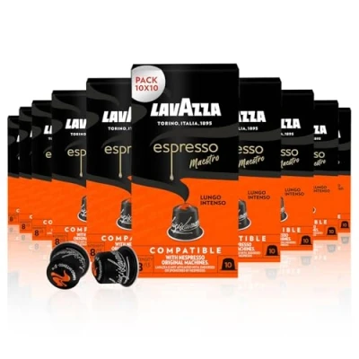 Abbildung von Lavazza, Espresso Maestro Lungo Intenso, 100 Aluminiumkapseln Kompatibel mit Nespresso Original Maschinen, Kakao &amp; Karamellnoten, Arabica Robusta, Intensität 8/13, dunkle Röstung