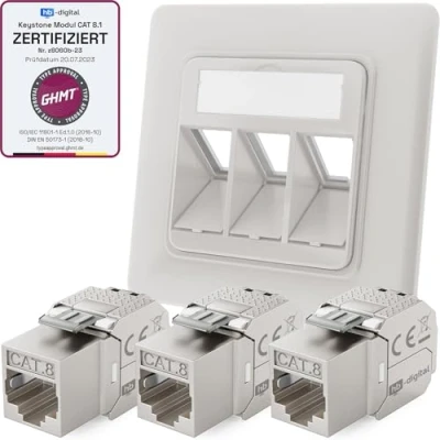 Abbildung von hb digital 3 Port CAT 8 Netzwerkdose unterputz RAL9003 + 3X GHMT zertifiziertes Keystone RJ45 Modul LAN Ethernet Dose Buchse Einbaubuchse max. 40 Gbit/s STP Signalweiß