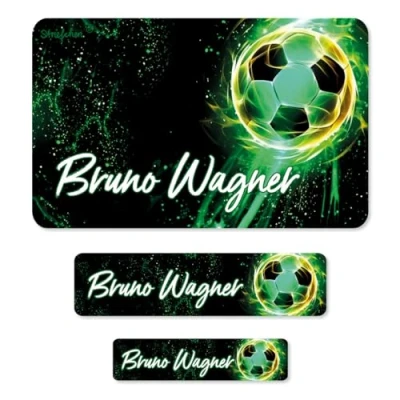 Abbildung von Striefchen® Schuletiketten für Jungen, 100 Stück, personalisiert mit Namen und Wunsch Motiv Fußball