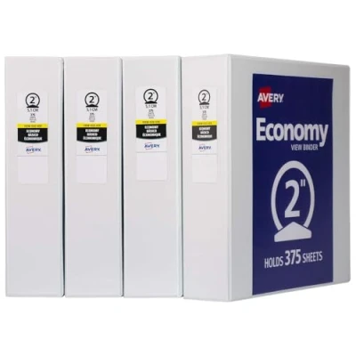 Abbildung von Avery 2&quot; Economy View 3 Ring Binder, Round Ring, Holds 8.5&quot; x 11&quot; Paper, 4 White Binders (19202)