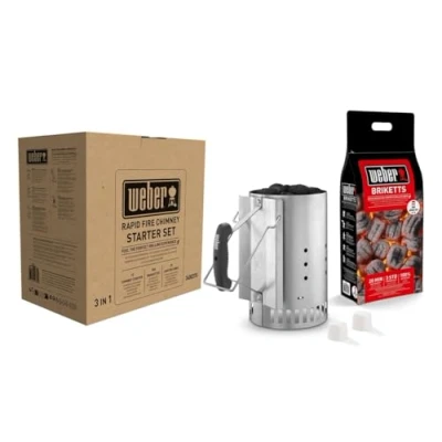 Abbildung von Weber Anzündset Rapidfire Starter Set, besteht aus Amzündkamin Groß (32cm), 2Kg Holzkohlebriketts &amp; 2 Anzündwürfeln, ideales Starterpaket für alle Holzkohlegrills (3400375)