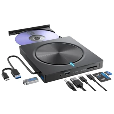 Abbildung von Externes CD DVD Laufwerk USB 3.0 Typ C, Extern mit SD/TF Kartenleser 2*USB C A Anschluss, Portable RW Brenner für Laptop,Desktop,MacBook,iMac,Win 11/10/8/7/XP/Linux/MacOS